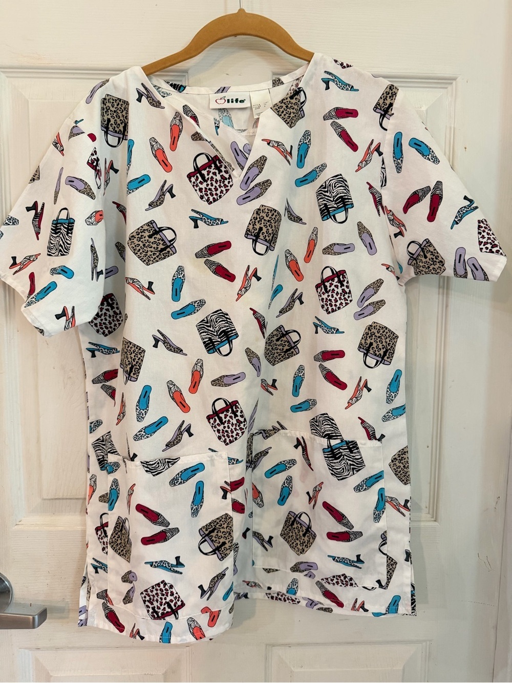 Vintage White Scrub Top with Multicolor Shoe & Bag Print